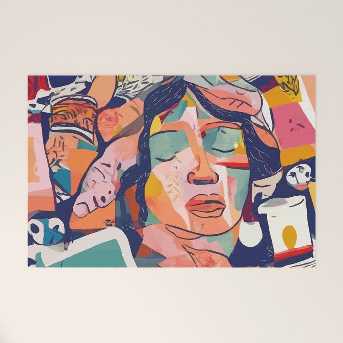 Peace in Chaos, Abstract Face Human Boho Humanity, Eclectic Collage Contemporary Concept Mindset Welcome Mat Gallery Image 1
