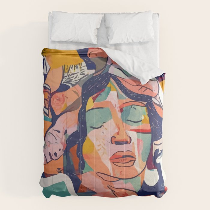 Peace in Chaos, Abstract Face Human Boho Humanity, Eclectic Collage Contemporary Concept Mindset Comforter Gallery Image 1