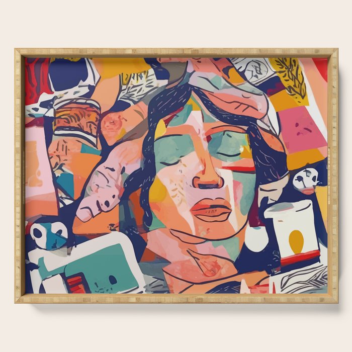 Peace in Chaos, Abstract Face Human Boho Humanity, Eclectic Collage Contemporary Concept Mindset Serving Tray Gallery Image 1