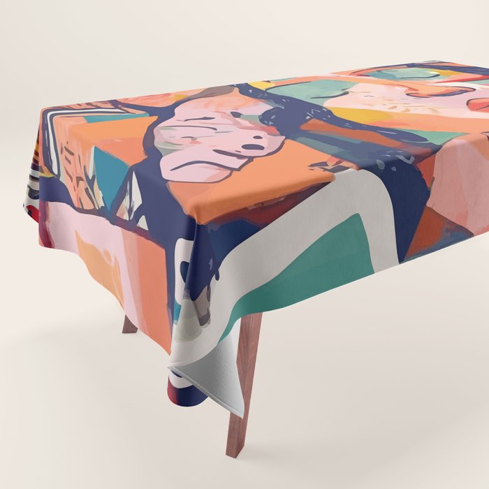 Peace in Chaos, Abstract Face Human Boho Humanity, Eclectic Collage Contemporary Concept Mindset Tablecloth Gallery Image 1