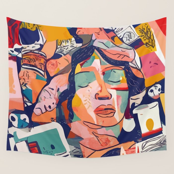 Peace in Chaos, Abstract Face Human Boho Humanity, Eclectic Collage Contemporary Concept Mindset Wall Tapestry Gallery Image 4