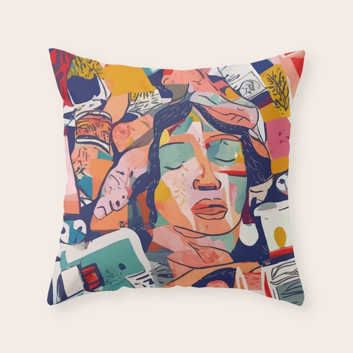 Peace in Chaos, Abstract Face Human Boho Humanity, Eclectic Collage Contemporary Concept Mindset Throw Pillow Gallery Image 6