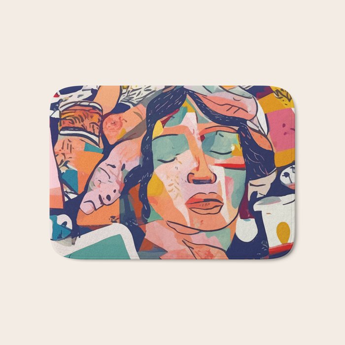 Peace in Chaos, Abstract Face Human Boho Humanity, Eclectic Collage Contemporary Concept Mindset Bath Mat Gallery Image 1