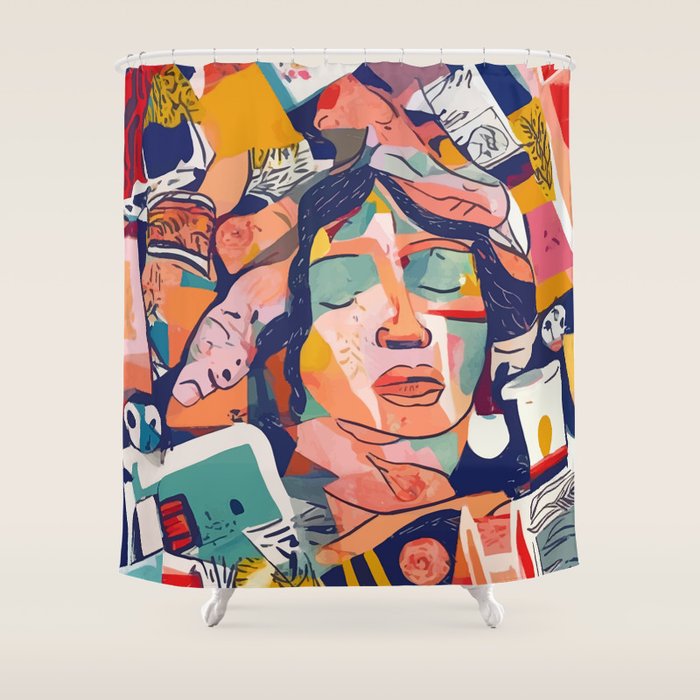 Peace in Chaos, Abstract Face Human Boho Humanity, Eclectic Collage Contemporary Concept Mindset Shower Curtain Gallery Image 1