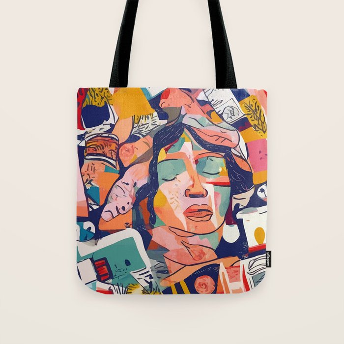 Peace in Chaos, Abstract Face Human Boho Humanity, Eclectic Collage Contemporary Concept Mindset Tote Bag Gallery Image 1