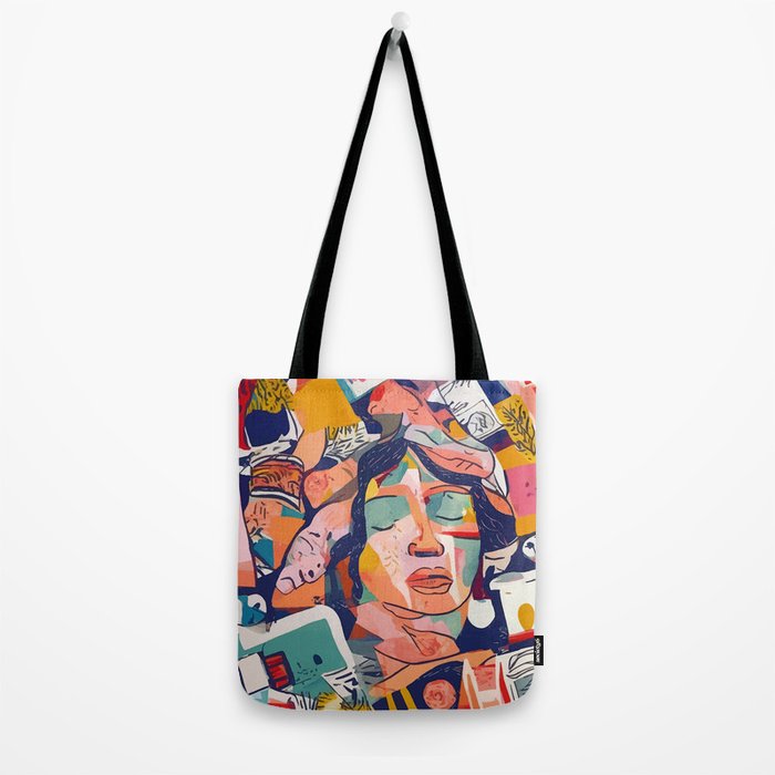 Peace in Chaos, Abstract Face Human Boho Humanity, Eclectic Collage Contemporary Concept Mindset Tote Bag Gallery Image 2