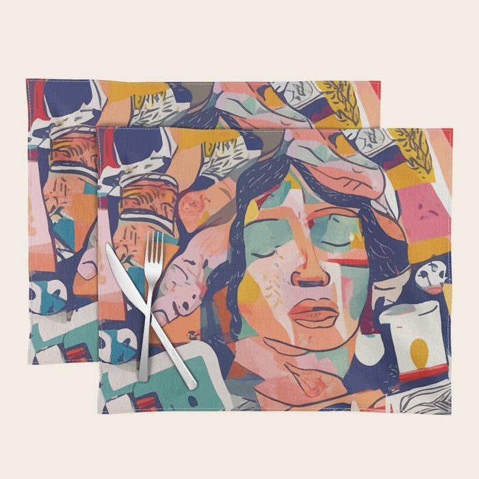 Peace in Chaos, Abstract Face Human Boho Humanity, Eclectic Collage Contemporary Concept Mindset Placemat Gallery Image 1