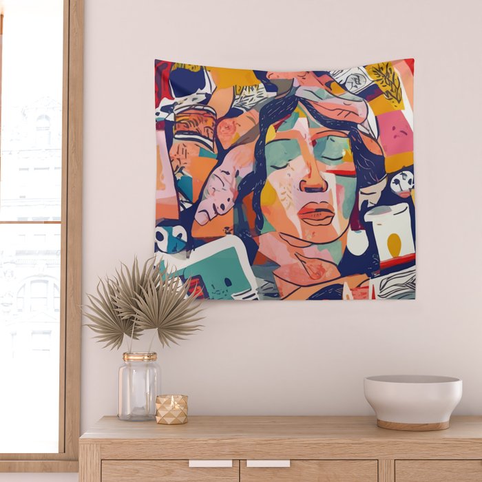 Peace in Chaos, Abstract Face Human Boho Humanity, Eclectic Collage Contemporary Concept Mindset Wall Tapestry Gallery Image 2