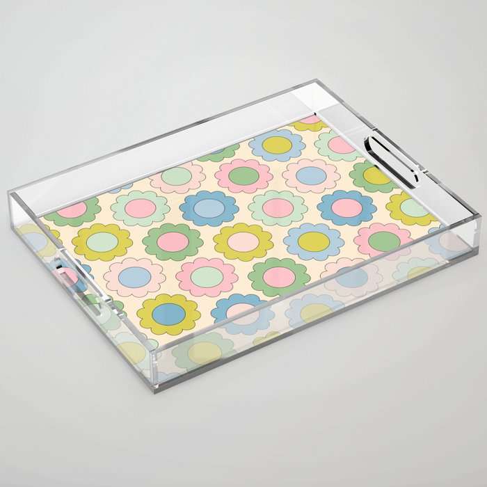 Pastel Flowers Happy Retro Spring Pattern Acrylic Tray Gallery Image 1