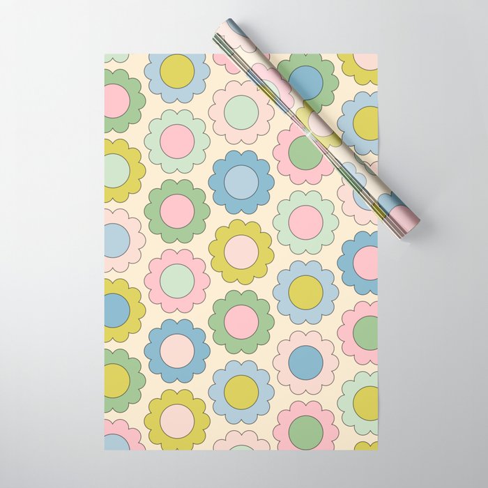 Pastel Flowers Happy Retro Spring Pattern Wrapping Paper Gallery Image 1