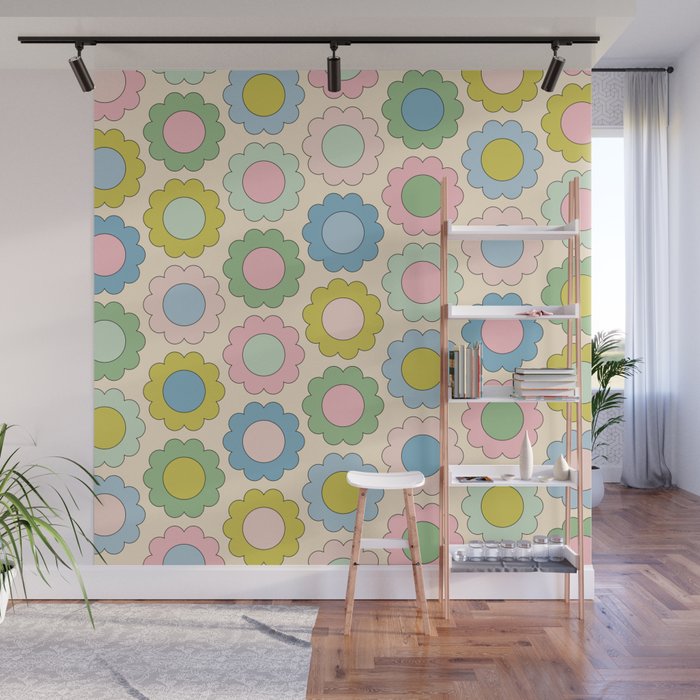 Pastel Flowers Happy Retro Spring Pattern Wall Mural Gallery Image 1
