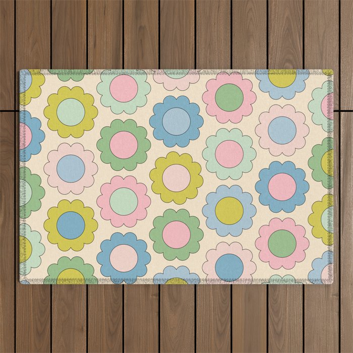 Pastel Flowers Happy Retro Spring Pattern Outdoor Rug Gallery Image 1