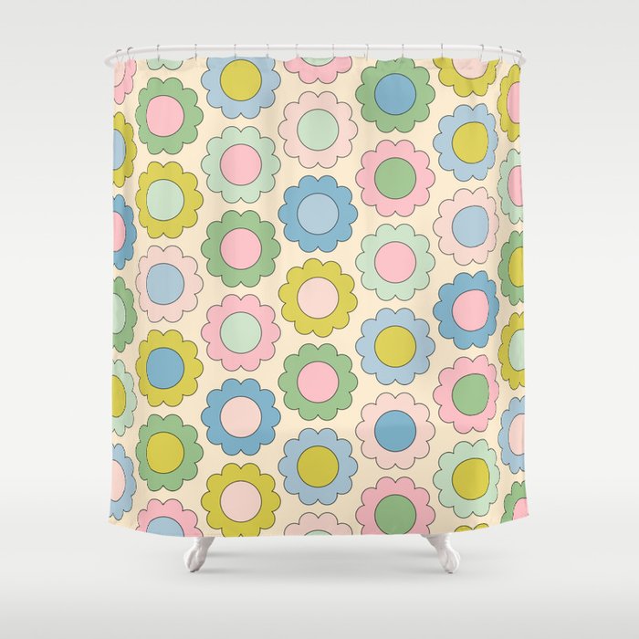 Pastel Flowers Happy Retro Spring Pattern Shower Curtain Gallery Image 1