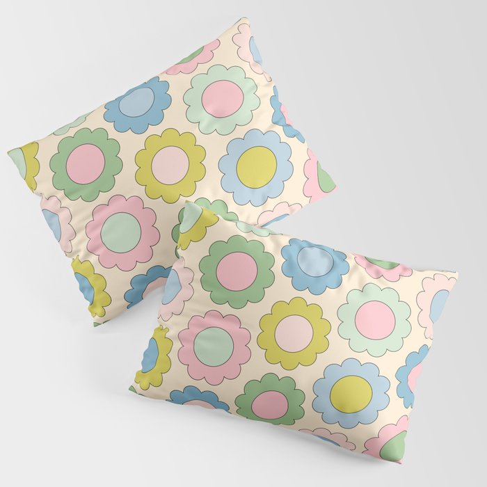 Pastel Flowers Happy Retro Spring Pattern Pillow Sham Gallery Image 3