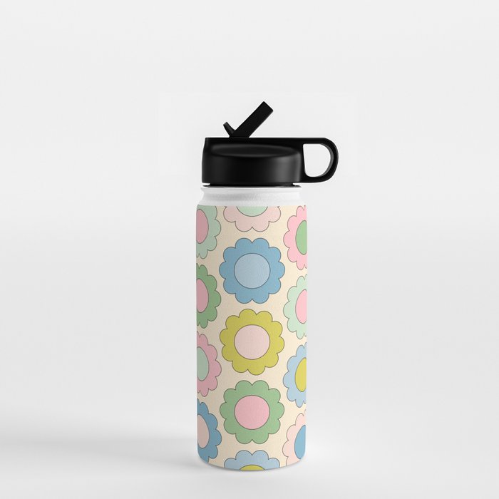 Pastel Flowers Happy Retro Spring Pattern Water Bottle Gallery Image 1