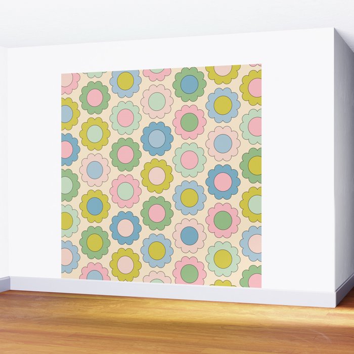 Pastel Flowers Happy Retro Spring Pattern Wall Mural Gallery Image 2
