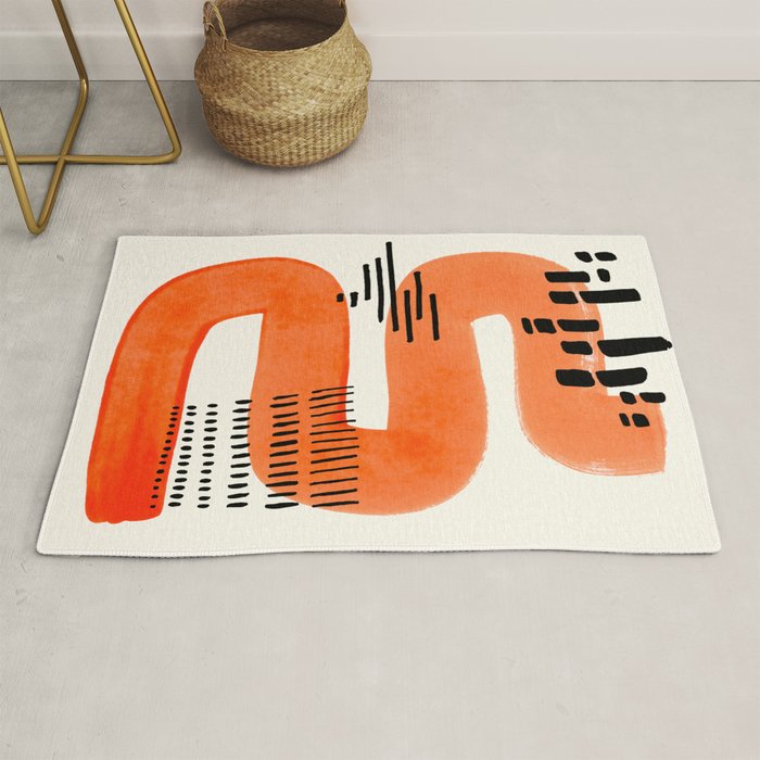 Mid Century Modern abstract Minimalist Fun Colorful Shapes Patterns Orange Watercolor Wiggle Stroke Rug Gallery Image 1