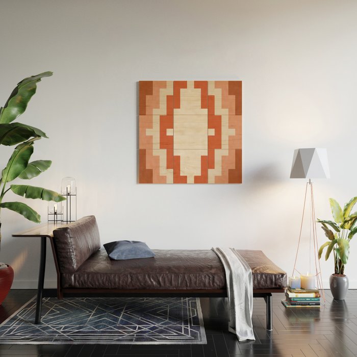 Traditional Retro Aztec Motif Rusty Colors Wood Wall Art Gallery Image 2