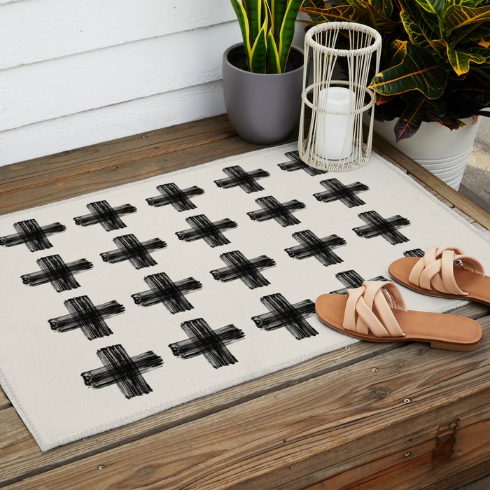 Hand Painted Swiss Cross Pattern - Black on Beige Outdoor Rug Gallery Image 2