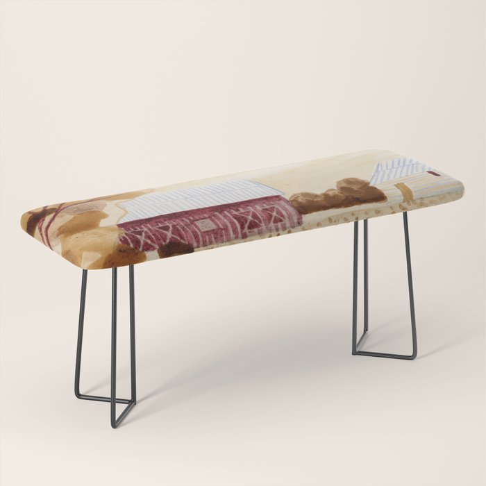 Rustic Country Barn Painting in Yellow Ochre & Brown Bench Gallery Image 1