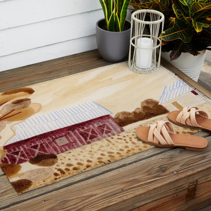 Rustic Country Barn Painting in Yellow Ochre & Brown Outdoor Rug Gallery Image 2