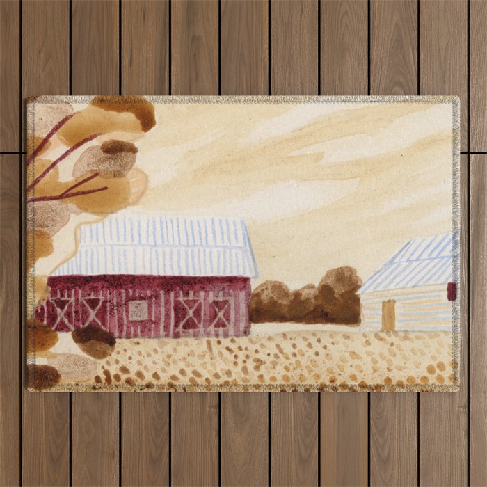 Rustic Country Barn Painting in Yellow Ochre & Brown Outdoor Rug Gallery Image 1