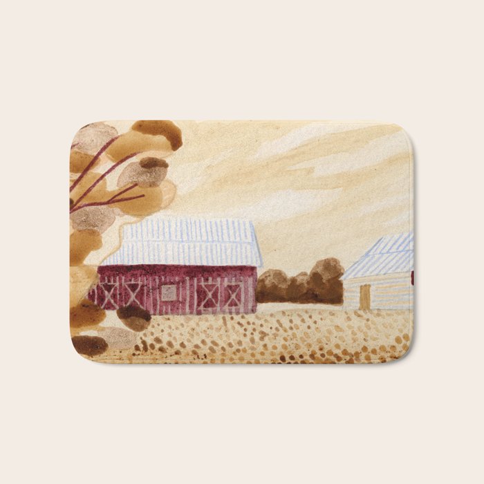 Rustic Country Barn Painting in Yellow Ochre & Brown Bath Mat Gallery Image 1