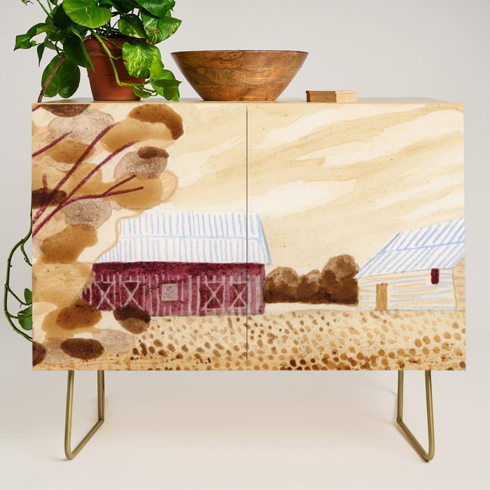 Rustic Country Barn Painting in Yellow Ochre & Brown Credenza Gallery Image 1