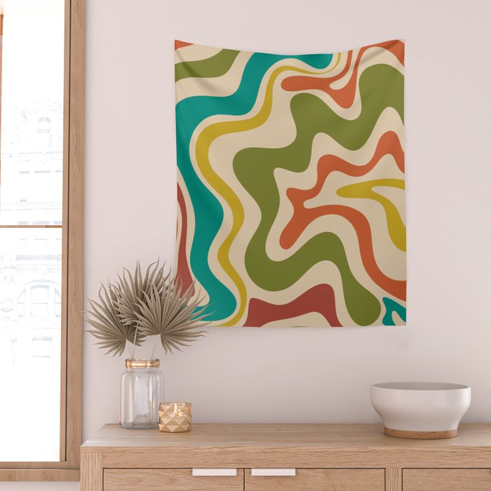 Liquid Swirl Retro Abstract Pattern in Mid Mod Colours on Beige Wall Tapestry Gallery Image 2