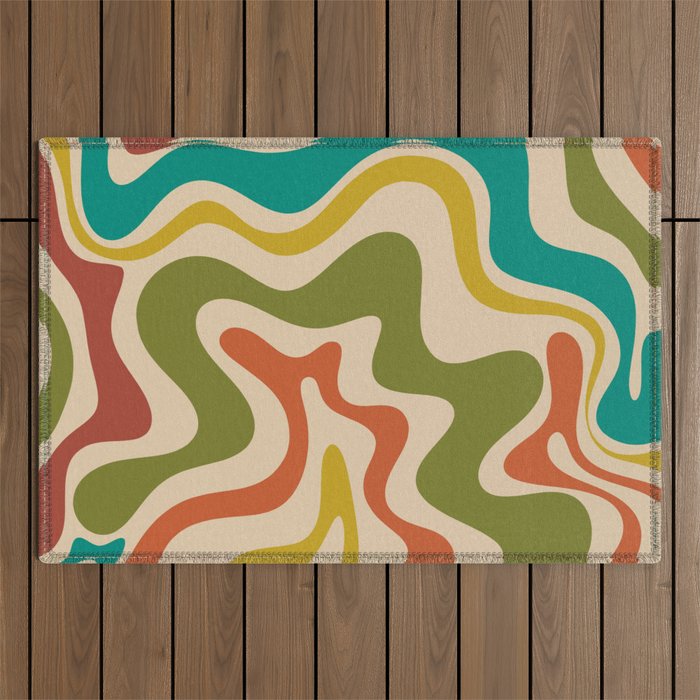 Liquid Swirl Retro Abstract Pattern in Mid Mod Colours on Beige Outdoor Rug Gallery Image 1