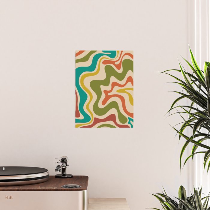 Liquid Swirl Retro Abstract Pattern in Mid Mod Colours on Beige Poster Gallery Image 2