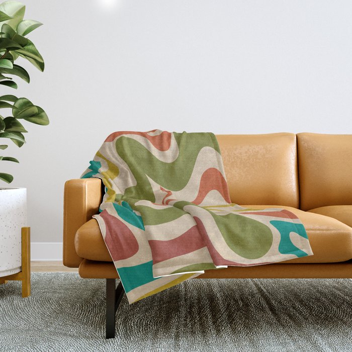 Liquid Swirl Retro Abstract Pattern in Mid Mod Colours on Beige Throw Blanket Gallery Image 1