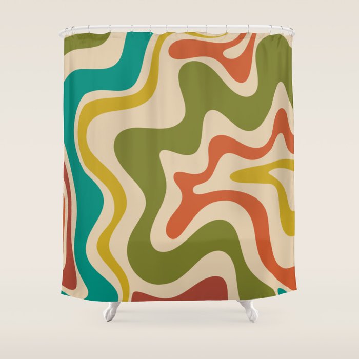 Liquid Swirl Retro Abstract Pattern in Mid Mod Colours on Beige Shower Curtain Gallery Image 1