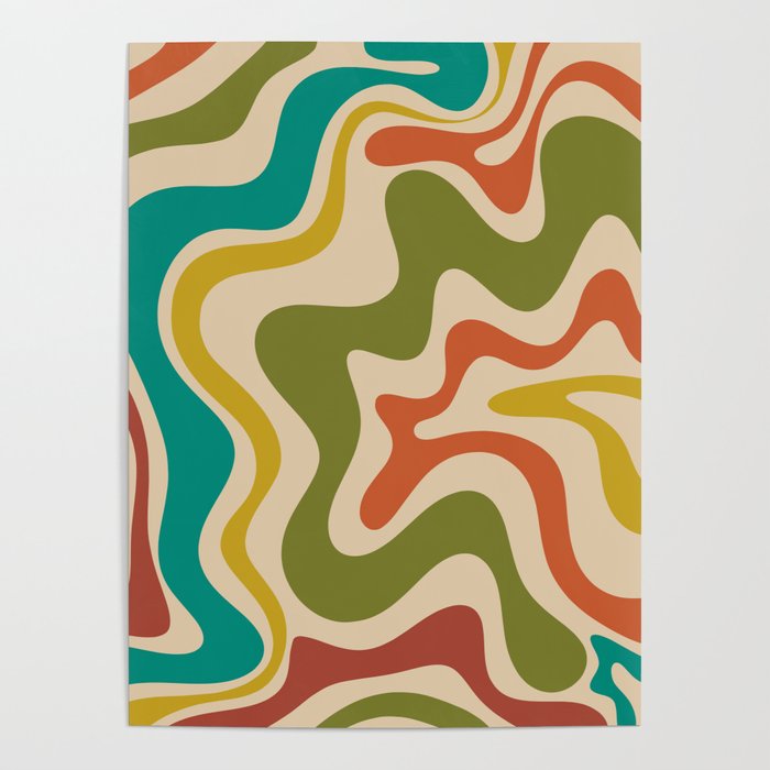 Liquid Swirl Retro Abstract Pattern in Mid Mod Colours on Beige Poster Gallery Image 4