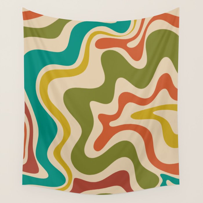 Liquid Swirl Retro Abstract Pattern in Mid Mod Colours on Beige Wall Tapestry Gallery Image 1