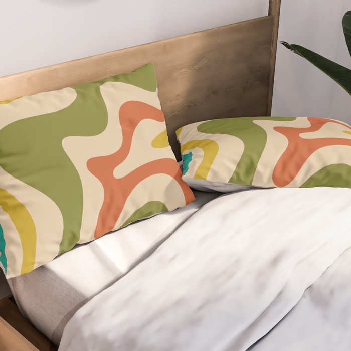 Liquid Swirl Retro Abstract Pattern in Mid Mod Colours on Beige Pillow Sham Gallery Image 2