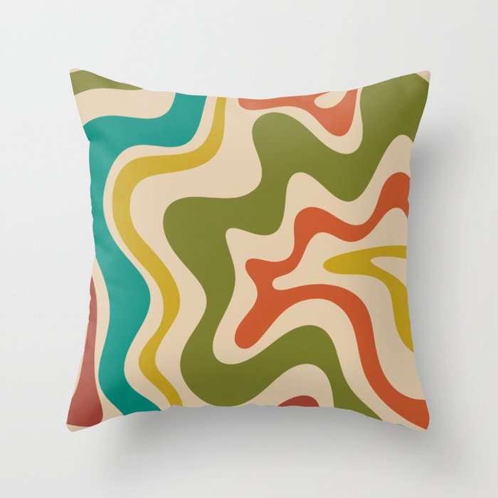 Liquid Swirl Retro Abstract Pattern in Mid Mod Colours on Beige Throw Pillow Gallery Image 1