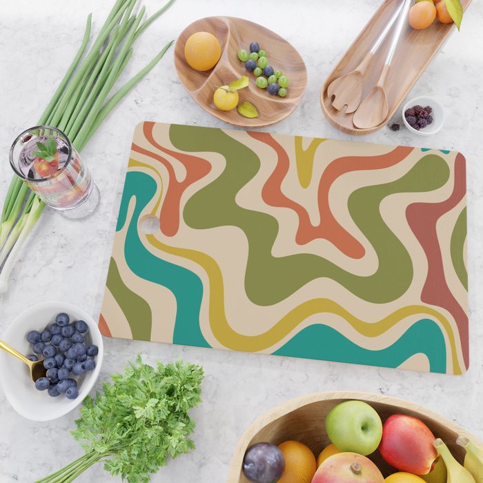 Liquid Swirl Retro Abstract Pattern in Mid Mod Colours on Beige Cutting Board Gallery Image 2