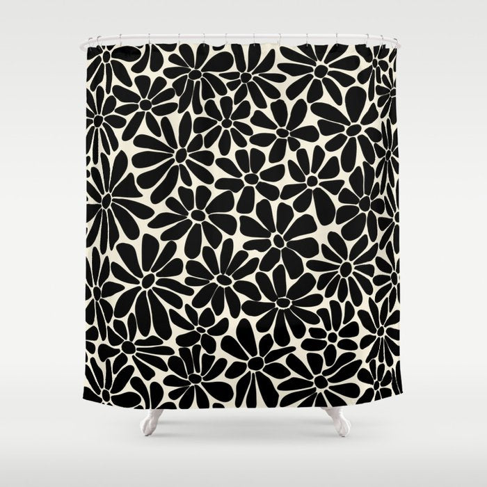 Black and White Retro Floral Art Print  Shower Curtain Gallery Image 1