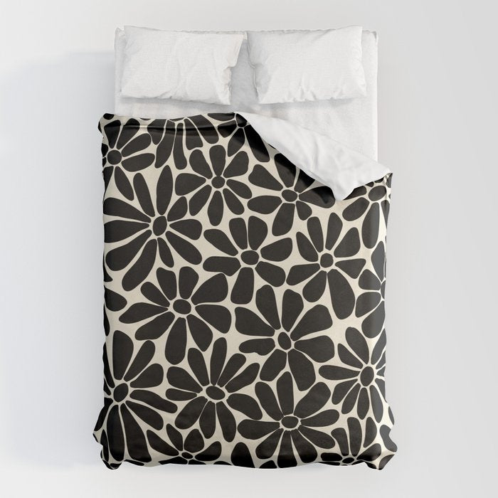 Black and White Retro Floral Art Print  Duvet Cover Gallery Image 1