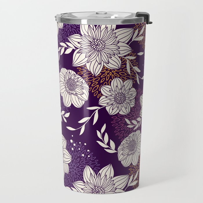 Dahlia Flowers Pattern - Purple and Yellow Travel Mug Gallery Image 2