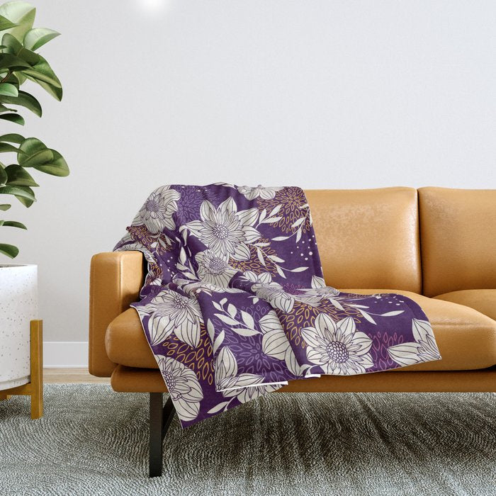 Dahlia Flowers Pattern - Purple and Yellow Throw Blanket Gallery Image 1