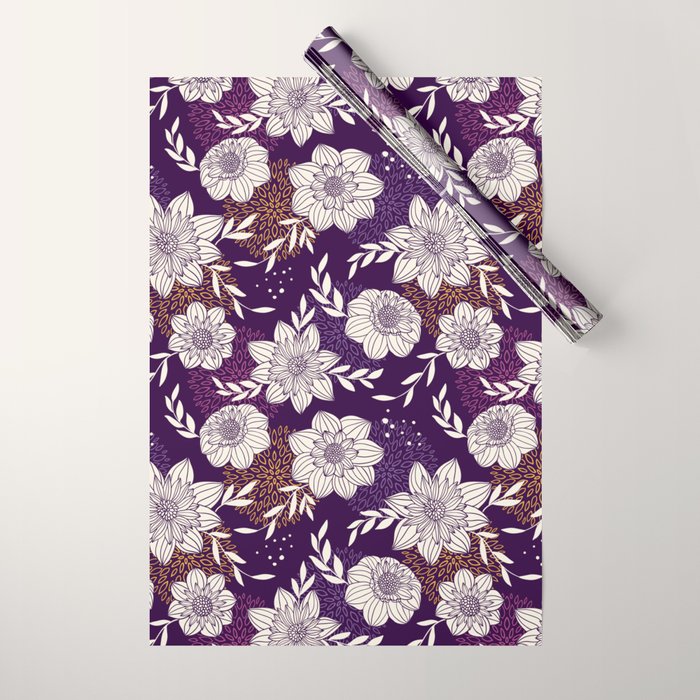 Dahlia Flowers Pattern - Purple and Yellow Wrapping Paper Gallery Image 1