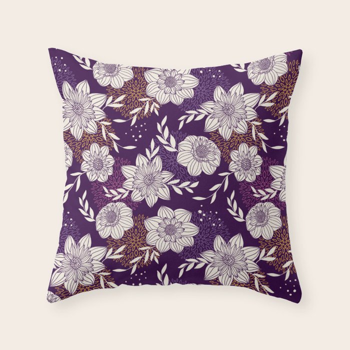 Dahlia Flowers Pattern - Purple and Yellow Throw Pillow Gallery Image 6