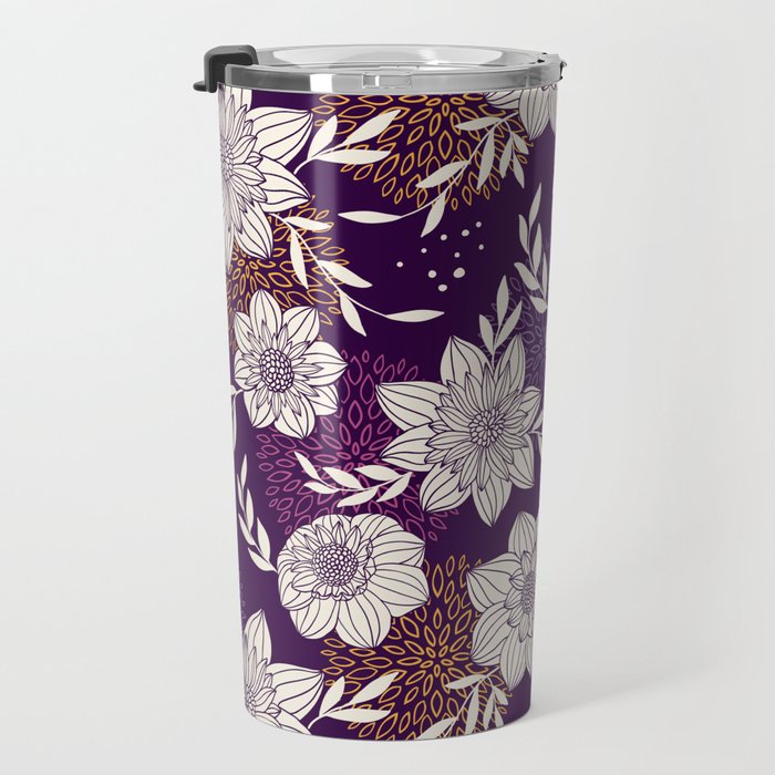 Dahlia Flowers Pattern - Purple and Yellow Travel Mug Gallery Image 3