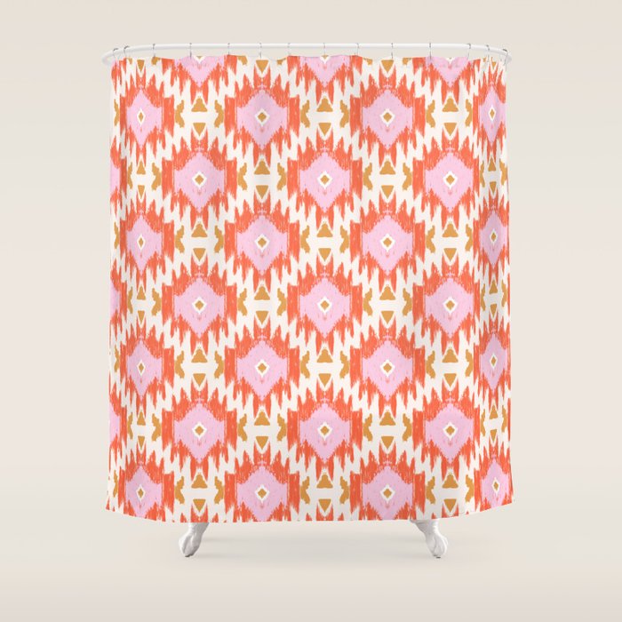 Orange Boho Ikat Pattern Shower Curtain Gallery Image 1