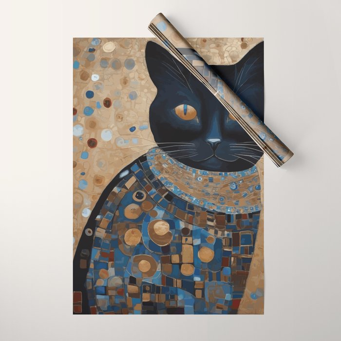 Black Klimt Cat in Ceremonial Robes Wrapping Paper Gallery Image 1