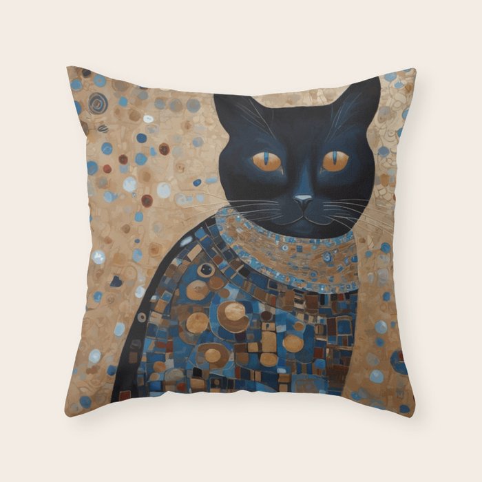 Black Klimt Cat in Ceremonial Robes Throw Pillow Gallery Image 1