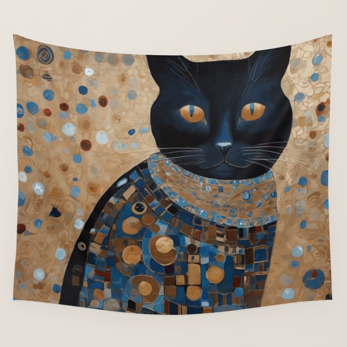 Black Klimt Cat in Ceremonial Robes Wall Tapestry Gallery Image 4