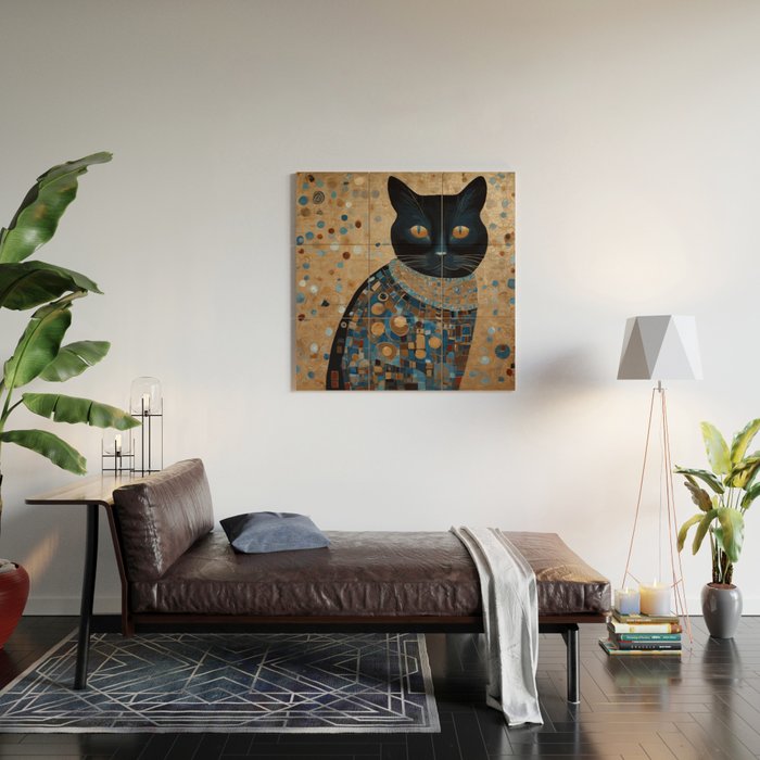 Black Klimt Cat in Ceremonial Robes Wood Wall Art Gallery Image 2